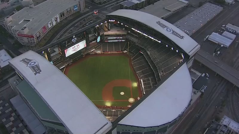 Aerial view of Chase Field with the roof open in downtown Phoenix.