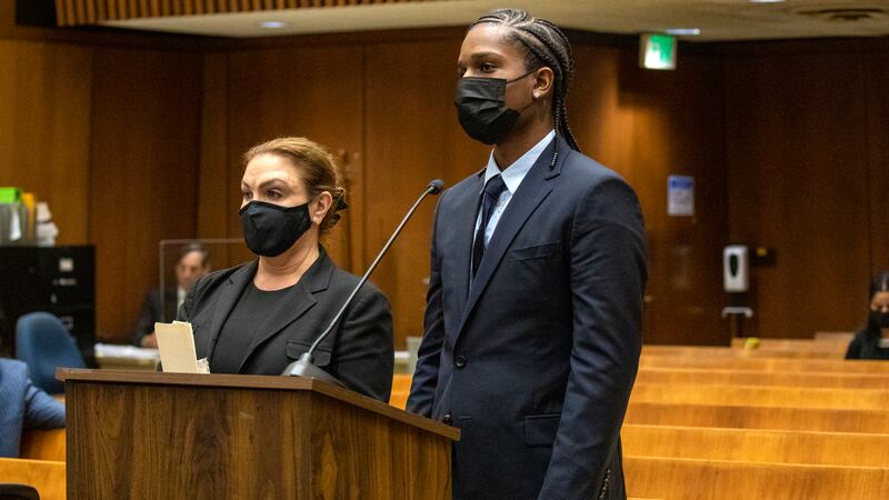 Rapper A$AP Rocky, right, appears in a Los Angeles Superior courtroom on Wednesday, Aug. 17,...