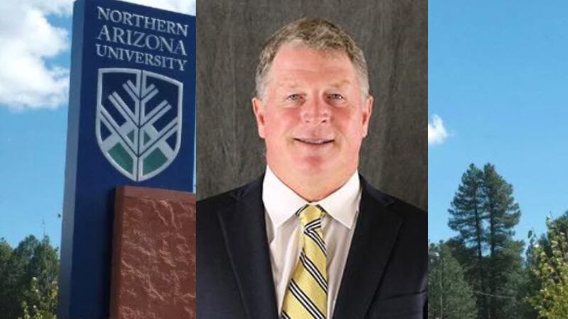 Photo of Northern Arizona University outside blue sign. In the middle, photo of Chris Ball.