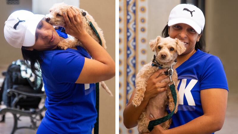 Sgt. Sabrina Ruckes reunited with her pet Puma, a Maltipoo (Maltese and Poodle), after over a...