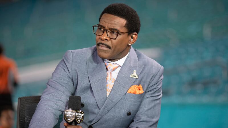 FILE - NFL Network analyst Michael Irvin speaks on air during the NFL Network's NFL GameDay...