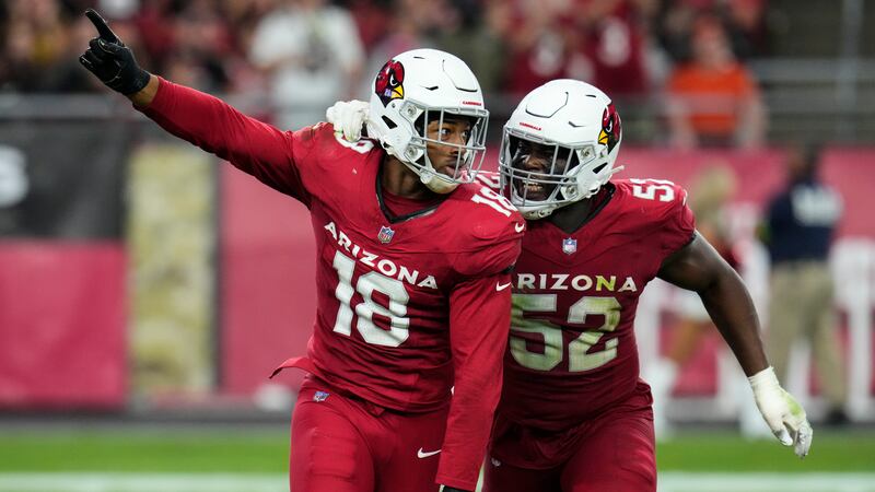 Arizona Cardinals linebacker BJ Ojulari (18) celebrates the sack on Atlanta Falcons...