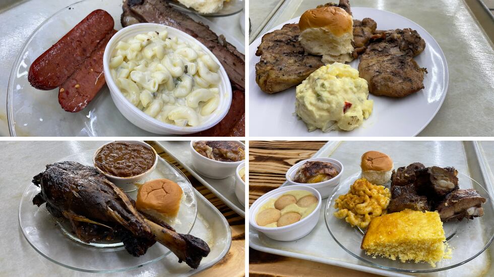 Top left: Hot links, macaroni salad, and sliced brisket. Top right: Chicken, potato salad, and...