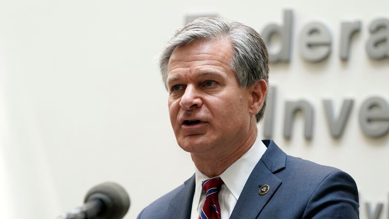 FBI Director Christopher Wray speaks during a news conference Aug. 10, 2022, in Omaha, Neb....