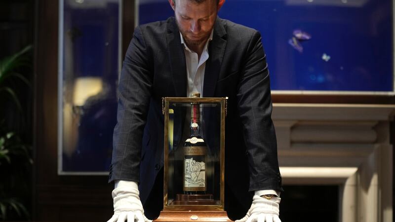 FILE - A view of a bottle of Macallan Adami 1926 whisky, on display during a media preview at...