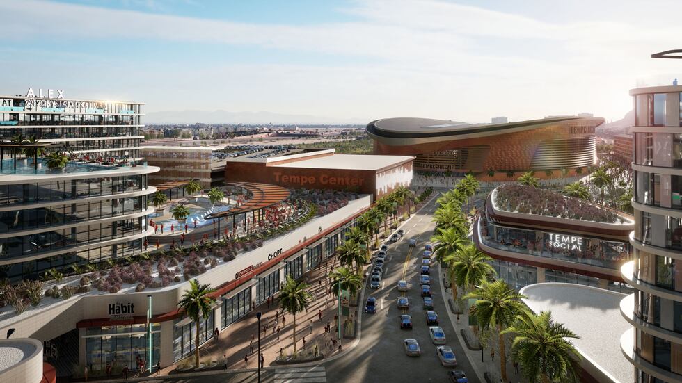 One of the new renderings released by Coyotes executives shows a strip of restaurants in the...