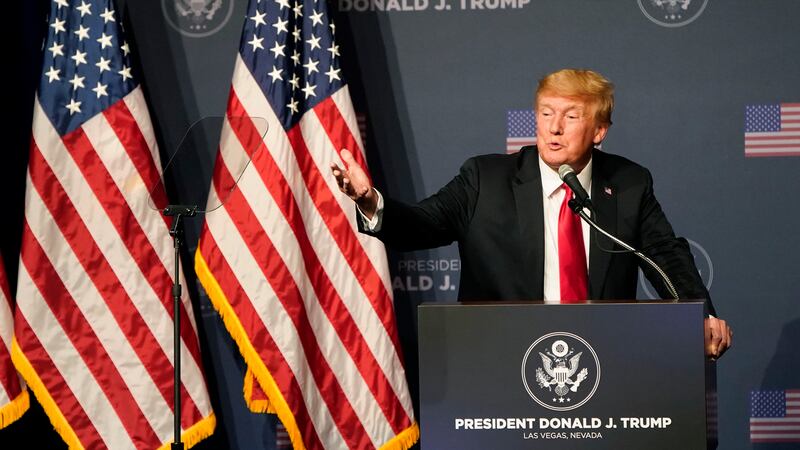 Former President Donald Trump speaks during an event with Joe Lombardo, Clark County sheriff...