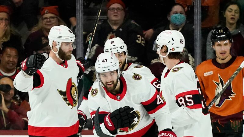 Ottawa Senators center Mark Kastelic (47) smiles as he celebrates his goal against the Arizona...