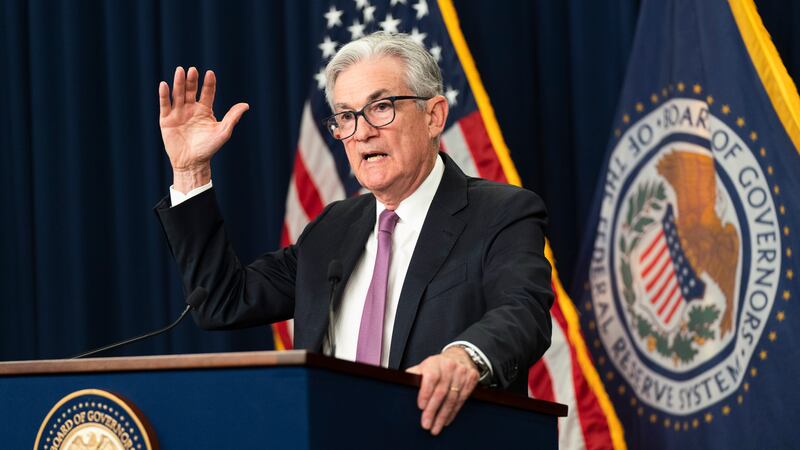 Federal Reserve Chairman Jerome Powell speaks during a news conference at the Federal Reserve...