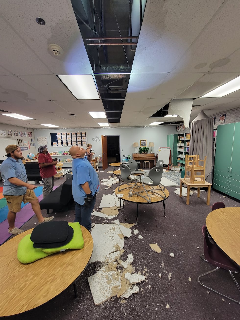 The school's roof was damaged so classes won't take place there until Tuesday.