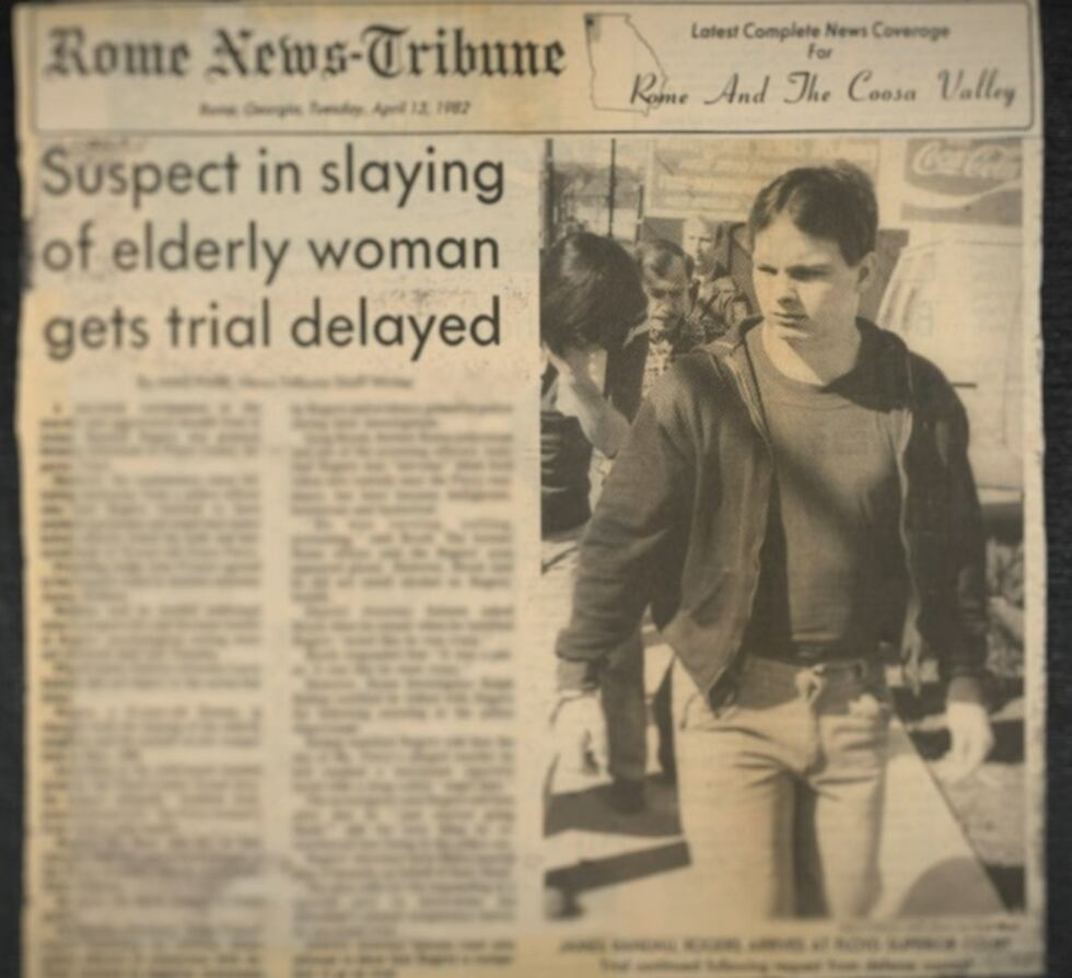 A newspaper clipping from 1982 depicts James Rodgers during the time of his trial.