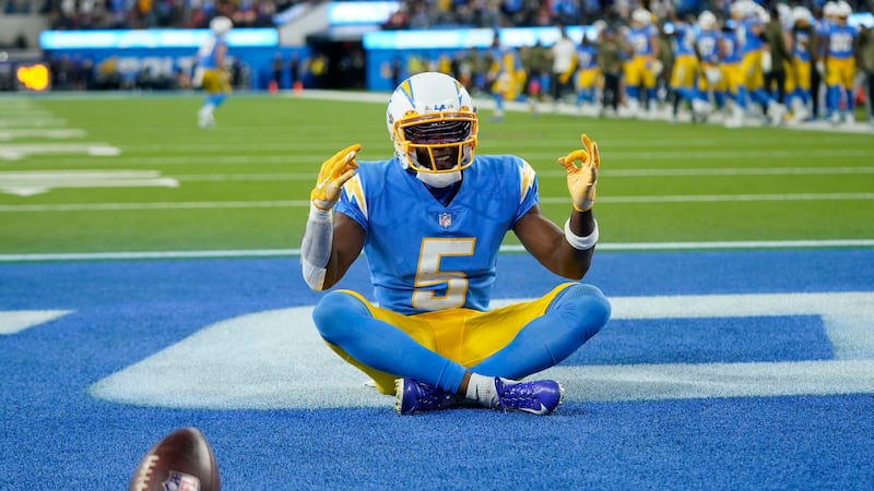 Los Angeles Chargers wide receiver Joshua Palmer celebrates a touchdown during the second half...