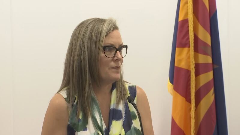 Gov. Katie Hobbs (D-AZ) speaks at a news conference on the proposed historic deal with other...