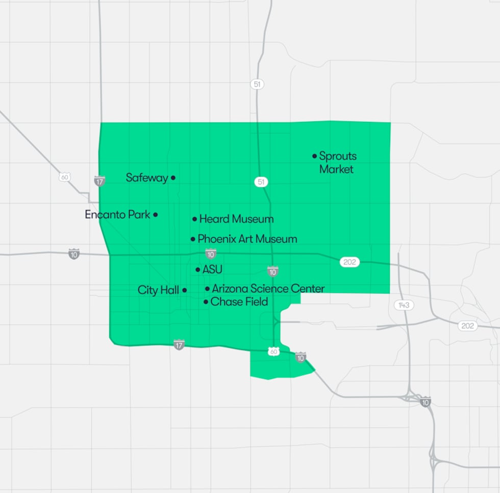 An updated map of Waymo's operations in metro Phoenix.