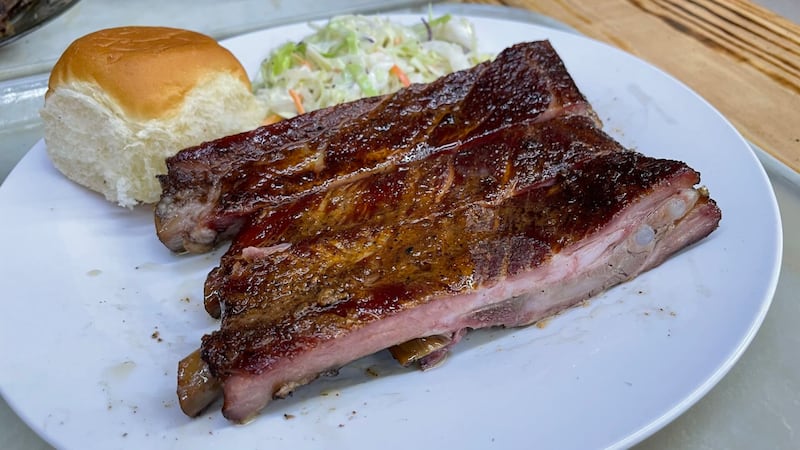 Ribs, coleslaw, and bread roll at JJ's Louisiana BBQ in Glendale.