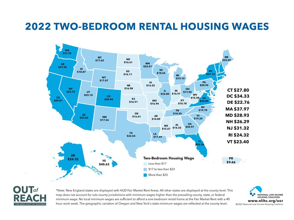 This map shows the average hourly wage a person would have to make in each state to afford a...
