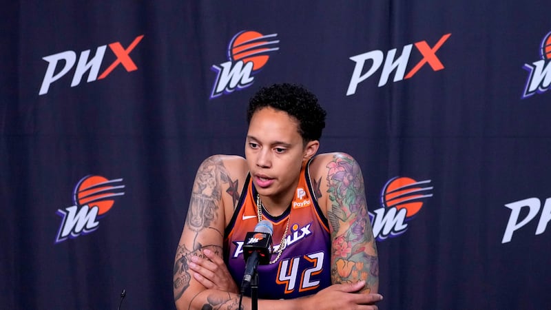 Phoenix Mercury center Brittney Griner speaks during the WNBA basketball teams' media day,...