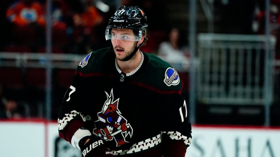 Arizona Coyotes center Alex Galchenyuk skates down ice against the Washington Capitals during...