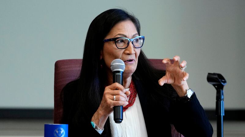U.S. Interior Secretary Deb Haaland speaks during a "Road to Healing" event, Friday, Jan. 20,...