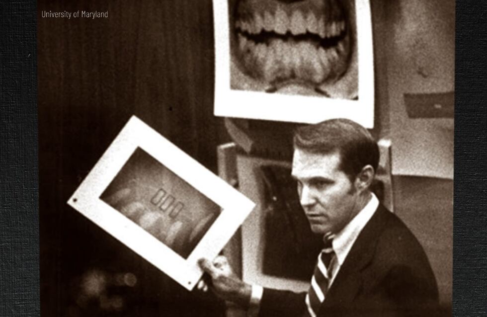 A photo of Dr. Richard Souviron presenting bite mark analysis evidence.