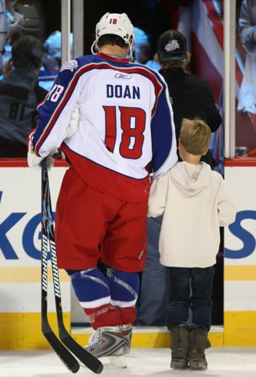 Shane Doan and Josh walk off the ice during the McDonalds/NHL All-Star open practice as part...