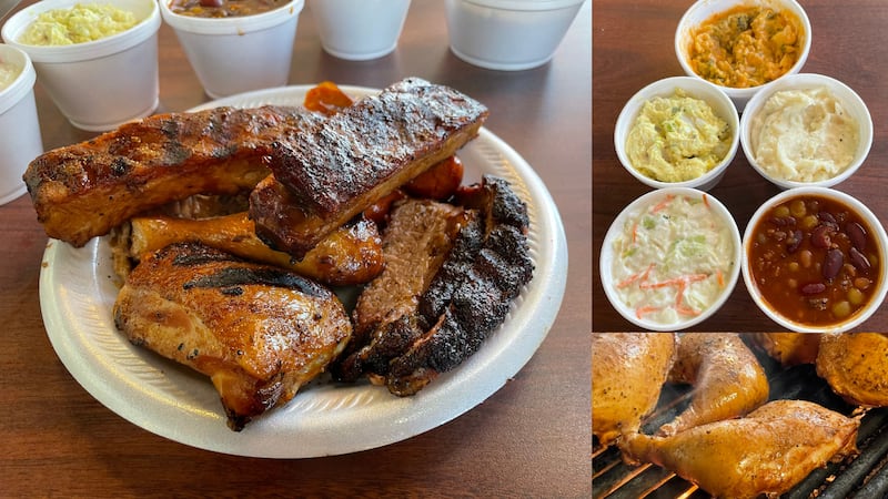 An array of the meats and sides at Hap's Pit Barbecue; including, sliced brisket, hot links,...